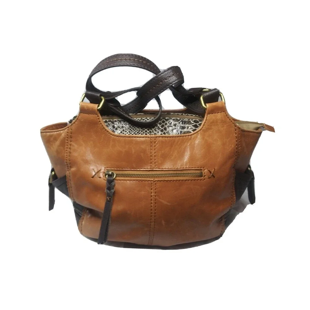 The Sak Kendra Glazed Leather Handbag Brown Satchel Shoulder Tote Purse.